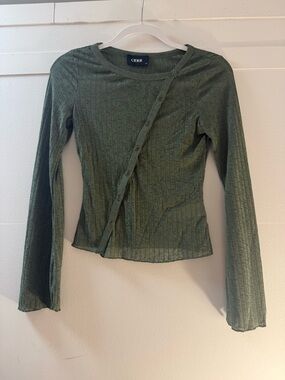 Olive Green Ribbed Asymmetrical Button Long Sleeve Top